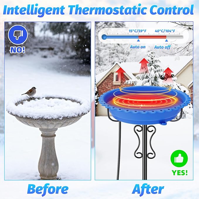 Heated Bird Bath for Outside Winter,100W Thermostat Control Birdbath Bowl with Metal 5-Prong Base,Freestanding Heated Bird Baths for Outdoors Garden Patio Yard Lawn (Blue)