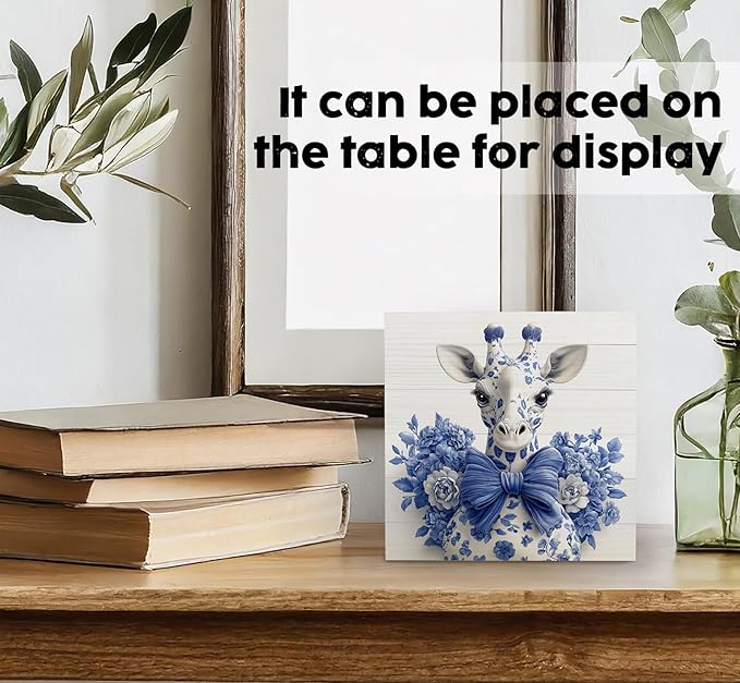Blue and White Chinoiserie Giraffe Wooden Signs,Grand Millenial Bow Blue Giraffe Floral Home Decor Signs,Chinoiserie Porcelain Desk Decorations,Farm Animal Office Bathroom Decor