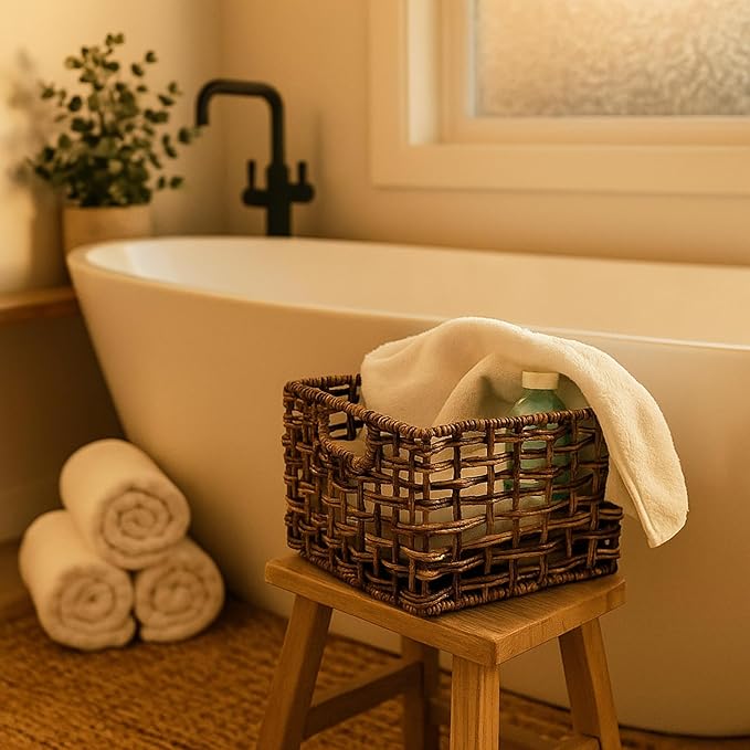 Handwoven Abaca Wicker Basket Set of 3 – 12x10x8 Open Weave Storage Baskets, Natural Woven Bins for Pantry, Bookshelf & Closet Organization, Sustainable Decorative Rattan Design