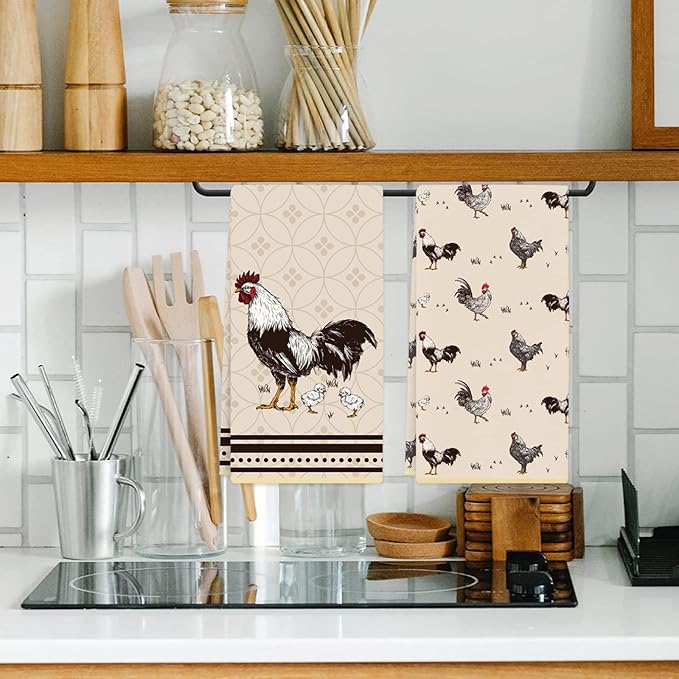 Cheroloven Chicken Kitchen Towels, 2 Pack Vintage Dish Towels, Chicken Mom Gifts for Women, Farmhouse Kitchen Bathroom Decor, Birthday Housewarming Gifts for Rooster Lovers