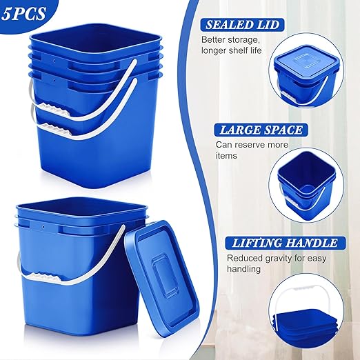 Mumufy 5 Pcs 3.5 Gallon Square Food Grade Bucket with Lid Square Bucket Pail Plastic Handles for Long Term Food Storage, Camping, Fishing, Home Organization Easy Stack and Store (Blue)