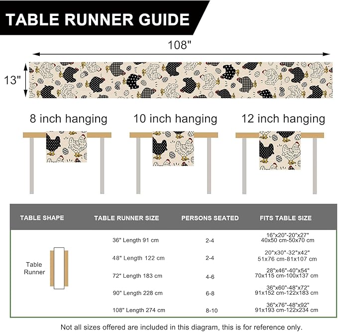 Seliem Chicken Hen Table Runner, Black White Eggs Plaid Polka Dots Farm Kitchen Dining Table Decor, Spring Farmhouse Burlap Home Decoration Indoor Outdoor Party Supply 13 x 108 Inches