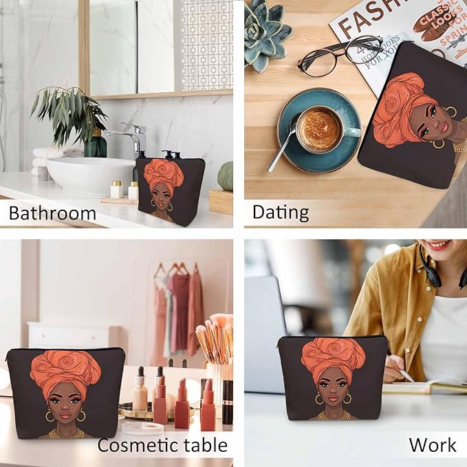 Makeup Bag African American Woman Makeup Bags For Purse Pouch, Black African Woman Sexy Lips And Turban Travel Toiletry Bag Cosmetic Bag Makeup Bags Flax Makeup Organizer Bag Pencil Pouch