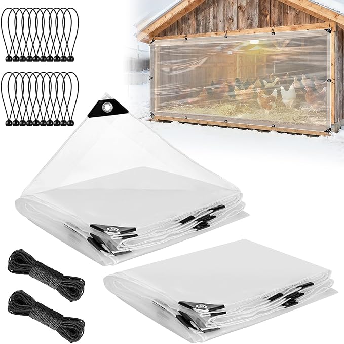 2pcs 4x7ft Chicken Coop Covers Accessories for Winter - Easy to Install Waterproof Chicken Run Tarp with Elastic Cords & Ropes