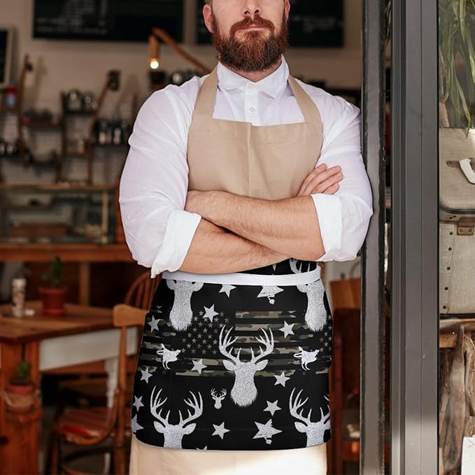 Unisex Chef Waiter Apron Waist Half Short Serving Aprons with 3 Pockets