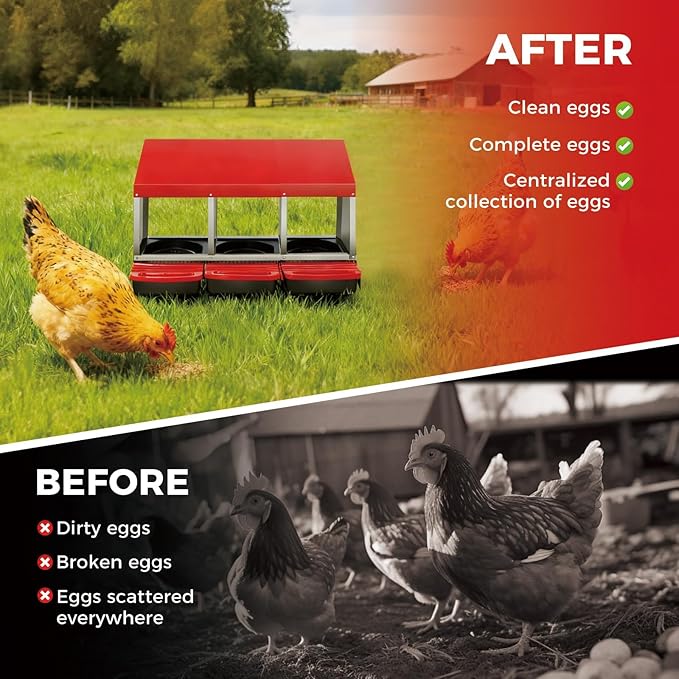 Chicken Nesting Box,Chicken Laying Boxes with 3 Compartment Metal Stainless Steel,Chickens Egg Laying Nest Boxes with Rollout Egg Collection,Chicken Brooder Box with Perch,Red