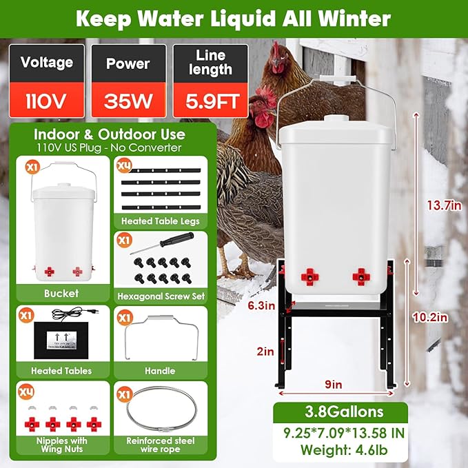 Chicken Water Heater 3.8 Gallon with 4 Nipples and Adjustable Height, 2-in-1 Freeze-Proof Heated Chickens Waterer Anti-Tipping for Turkey Ducks Geese Poultry in Winter Coops