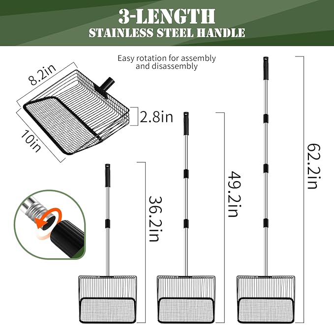 10inch Large Metal Chicken Poop Scooper & Chicken Coop Scoop, 3-Level Adjustable Chicken Coop Scooper for Sand with Stainless Steel Handle, 4-in-1 Multi-Function Heavy Duty Manure Screening Shovel