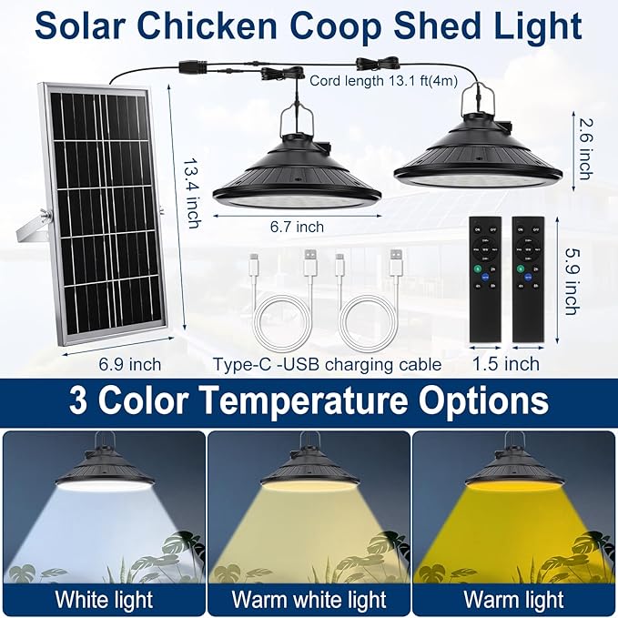 Solar Chicken Coop Shed Light with Time, Rechargeable Solar Hanging Ceiling Pendant Light Waterproof 13.1ft Cord, for Barn Greenhouse Gazebo Patio Poultry Pen Pet House(Black,10w)