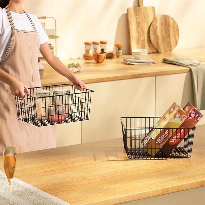 SANNO Large Freezer Baskets Metal Storage Organizer Bin Basket Wire Storage Basket for Kitchen Pantry Bathroom Large Metal Farmhouse Food Fruit Produce Organizer Bins,black,4