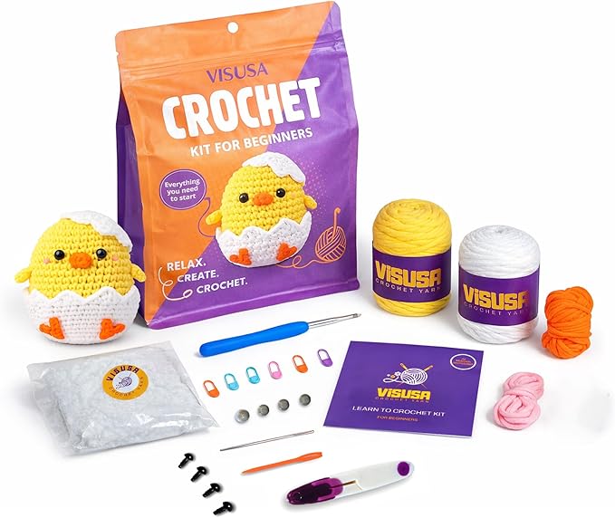 Visusa Crochet Kit for Beginners – Learn to Crochet Animal Kit– Yellow Chick Amigurumi Set- Easy DIY Crochet & Knitting Starter Set with Video and PDF Tutorials- Perfect Crochet Gifts for Starters.