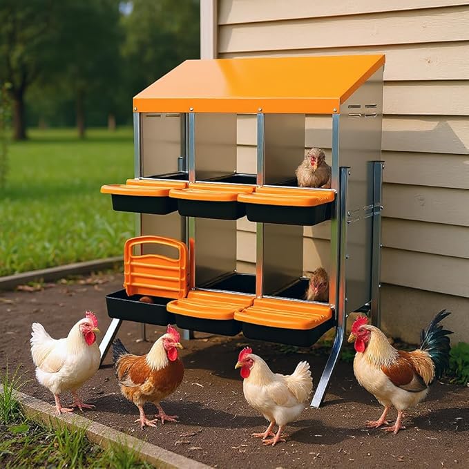 Two-Tier Chicken Nesting Box, 6 Hole Metal Chicken Egg Laying Box with Roll Away, Egg Collection Nesting Boxes for Chicken Coop, with Leg