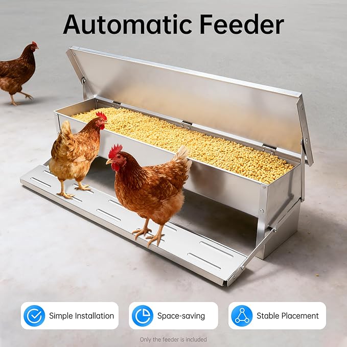 Automatic Chicken Feeder, Large Capacity Metal Treadle Feeder with Rust-Proof Sheet, Rat Proof & No Waste Design Outdoor Coop Food Dispenser for Hens, Ducks, Geese (22lbs)