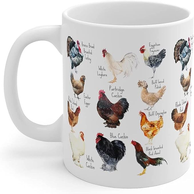 Breeds of Chickens Cup Gifts for Women - Chicken Mom & Owner Mugs, Coffee Mug with Roosters & Farm Themes, 11Oz White