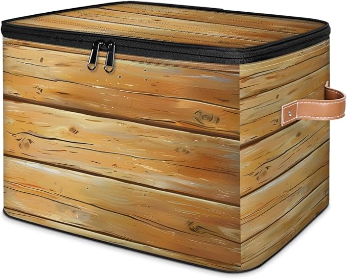 Rustic Texture Wood Storage Bins with Zipper Lid Fabric Storage Containers for Clothes Collapsible Closet Storage Basket with Metal Frame 2 Pack
