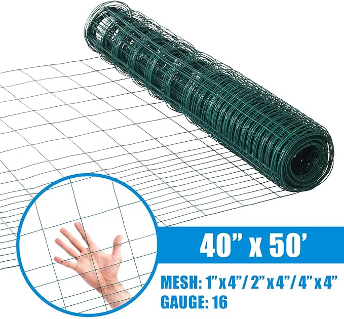Fencer Wire 16 Gauge Green Vinyl Coated Rabbit Guard Fence, Poultry Fencing Wire Roll for Garden Yard Vegetable Plant, Protecting Against Rabbits, and Other Small Animals Damage (40 in. x 50 ft.)