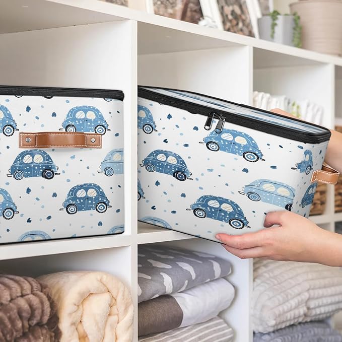 Storage Cubes with Lid Fabric Storage Bins Boxes PU Leather Handles, Cute Cars Closet Organizer Container Foldable Washable Shelf Cloth Basket, Cartoon Car