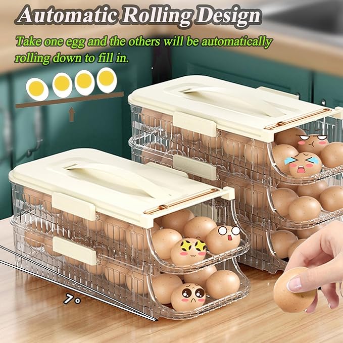 Egg Holder for Fridge Automatic Rolling, Egg Storager Container Organizer Dispenser for Refrigerator Stackable Removable Inner Tray, Egg Accessories (Clear, 1 Row-2 Tiers)