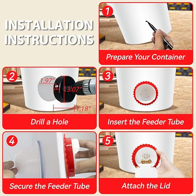Chicken Feeder No Waste, DIY Automatic Poultry Feeder Ports with Hole Saw & Gloves, Durable Rain Proof Poultry Feeder Port for Buckets, Barrels, Bins and Troughs