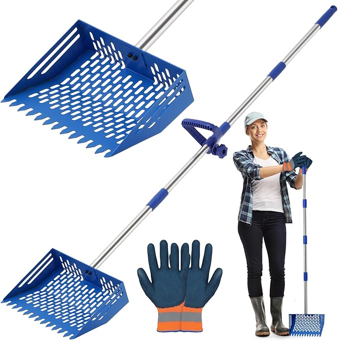 Chicken Poop Scooper, 10 Inch 2 in 1 Stainless Steel Sand Sifting Shovel & Rake with 35" to 62" Adjustable Length, Durable Litter Cleaner with Detachable Handle for Chicken Coop Farm Animal(Blue)