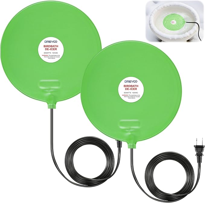 Dreyoo 60W Bird Bath Heater, Submersible De Icer for Outdoor Winter Use, Thermostatic Control, IP65 Waterproof, Chicken Water Heater for Birds, Poultry, Livestock, Wildlife Drinking (2 Pack)