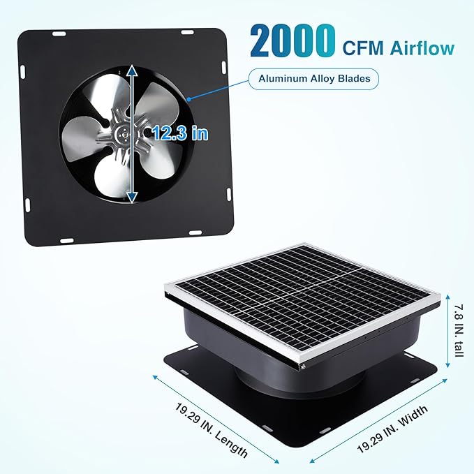Solar Attic Fan 30W Controller-Free Auto Ventilates Up to 2800 Sq Ft, Solar Roof Vent with 5-Blade Alloy Fan & Adjustable Panel for Home, Garage