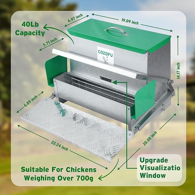 COZOFU's Feeders Automatic Chicken Feeder - Large Capacity for 12 Chickens, Lasts 12 Days (40lb Feed), Durable Galvanized Steel, Rat-Proof, No-Spill, Weatherproof Lid