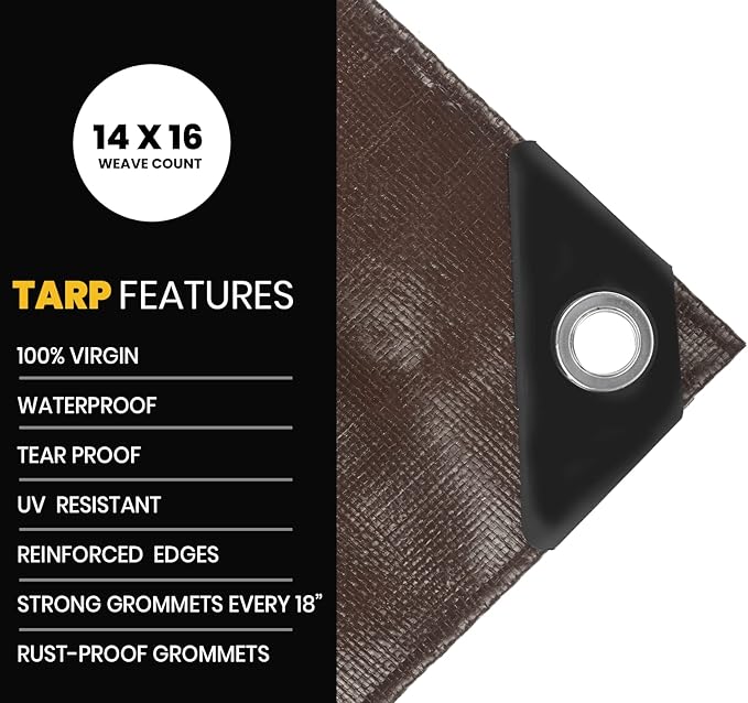 PROTARP Extra Heavy Duty 16 Mil Tarp Cover, Waterproof, UV Resistant, Rip and Tear Proof, Poly Tarpaulin with Reinforced Edges for Roof, Camping, Patio, Pool, Boat. (Brown/Black 24′ X 50′)