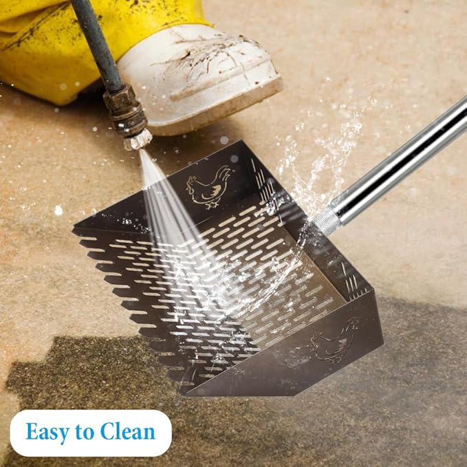 Heavy Duty Chicken Coop Rake and Scoop, 15 Inch Extra Large Chicken Coop Rake with Adjustable Stainless Steel Handle (25 to 73 Inch)，Metal Multi-Use Cleaning Shovel for Coops, Beach（Brown）