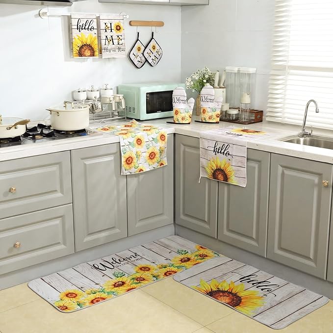 10 Pcs Farmhouse Sunflower Kitchen Decor Set Sunflower Kitchen Towels and Rugs Oven Mitts Pot Holders for Cooking Baking Grilling Gift