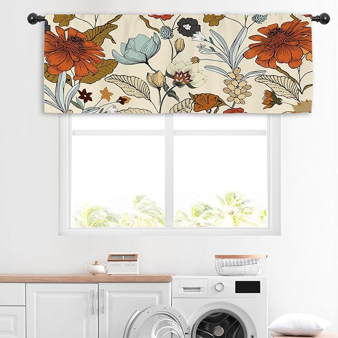 Miyotaa Vintage Flower Kitchen Curtain Valance 54W x 18H Rod Pocket Retro Burnt Orange Blossom Botanical Autumn Fall Window Treatment for Living Room Bedroom Bathroom