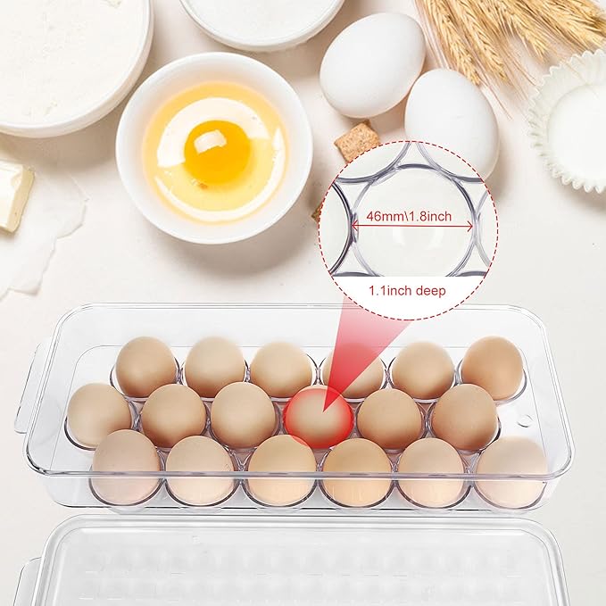 2 Pack 18 Egg Holder for Fridge - Plastic Stackable Egg Tray Holder With Lid - Egg Storage Container Organizer Bins with Air Hole and Handles for Refrigerator, Freezer, Pantry Organization - Clear