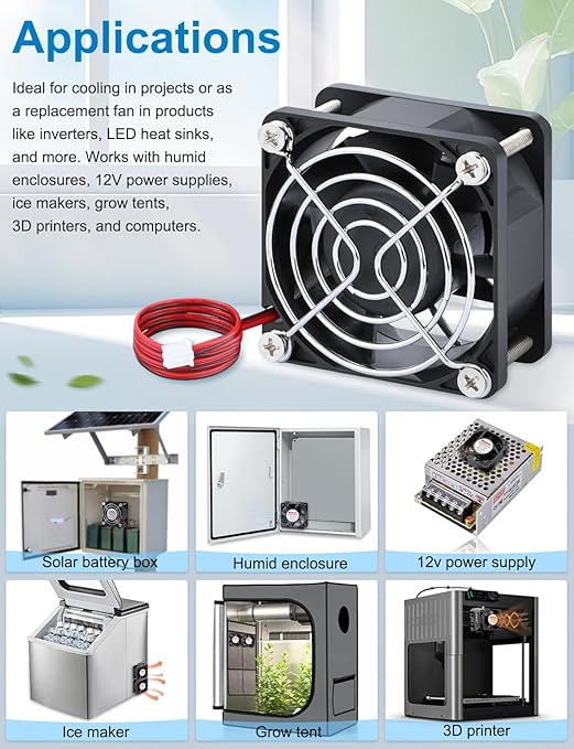 Wathai IP67 60mm x 25mm DC 12V Waterproof Small Fan Dual Ball High Speed DIY Cooling for RV Refrigerator, Computer Case, Generator, Terrarium, Solar Panel Battery Box 2 Pack