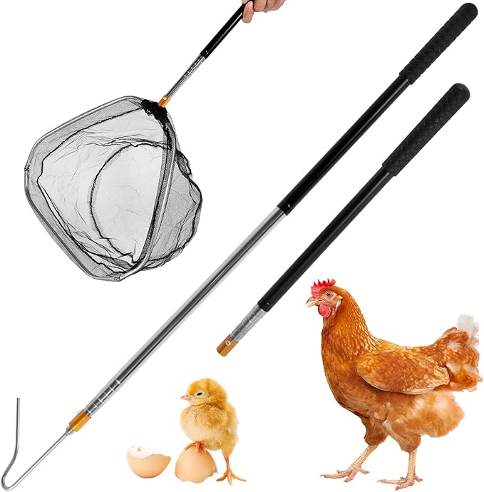 Chicken Net and Chicken Catcher Leg Hook, 2Pcs Stainless Steel Retractable Long Chicken Catcher, 16 inches Extended to 60 inches, Farm Tools for Poultry Chicken Turkeys Geese Ducks Fish