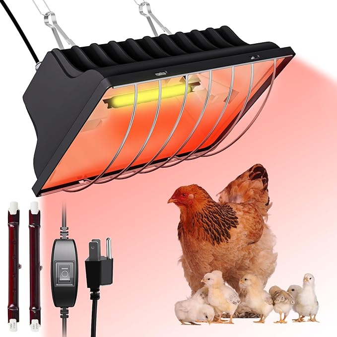 Heat Lamp for Chickens, Coop Heater for Chicks with 2pcs Heating Bulbs (250W&175W), Adjustable Temp.& Hanging Heights, Brooder Heater for Indoor Outdoor Use in Livestock Supplies (1, Black)