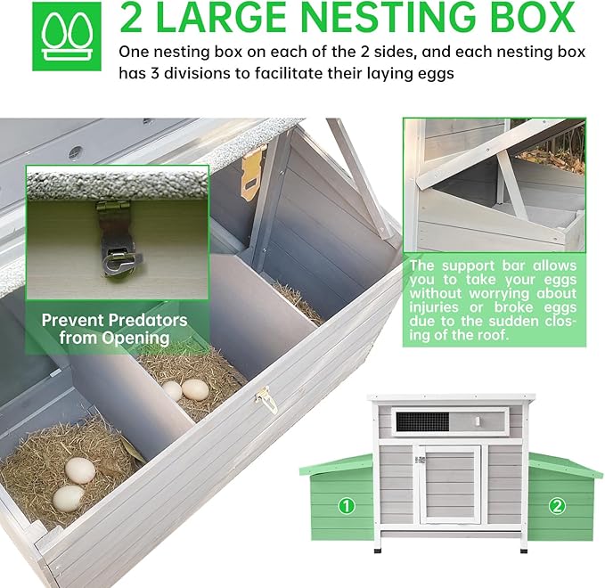Chicken Coop, 58" Wooden Chicken Coop with 2 Sides Large Nesting Boxes for 4-6 Chickens, Poultry Hutch Rabbit Cage with No-Slip Ramp & Pull-Out Tray for Outdoor Farm Yard (White Grey)