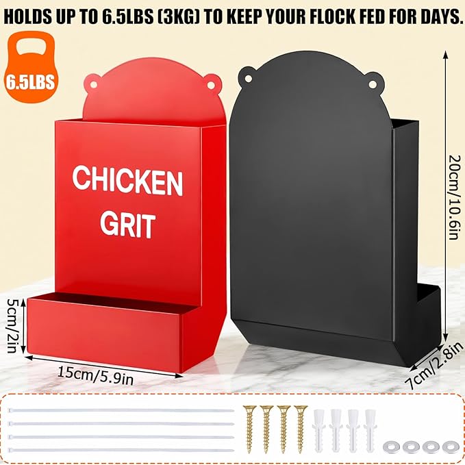 2PCS Heavy Duty Chicken Grit Oyster Shell Feeder - No Waste & No Mess, 6'' x 10'' Rust-Proof Metal Automatic Poultry Feeder, Gravity-Fed Hanging Feeder for Coop, Ducks, Pigeons, Dove