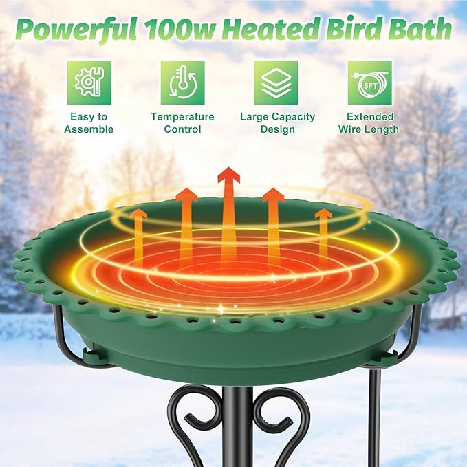 Heated Bird Bath for Outside Winter,100W Thermostat Control Birdbath Bowl with Metal 5-Prong Base,Freestanding Heated Bird Baths for Outdoors Garden Patio Yard Lawn (Green)