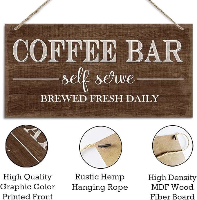 Coffee Bar Self Serve Brewed Fresh Daily Hanging Decor Sign, Funny Coffee Bar Decorative Sign, Vintage Kitchen Decor, Retro Wood Grain Hanging Decors 12 x 6 Inches