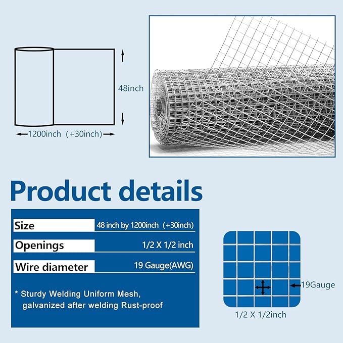 19 Gauge 1/2 Inch Hardware Cloth - Double Hot-Dipped Galvanized After Welding Steel Mesh - Duty Rust Proof Fencing for Gardens, Poultry Animal Netting Cage Screen (48inx1200in)