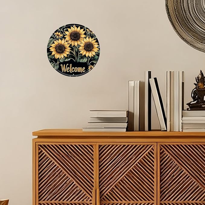 Sunflower Round Metal Tin Sign Wreath Welcome Metal Tin Sign Vintage Aluminum Wall Art for Home Garden Porch Yard Fence Retro Wall Decor 8x8inch