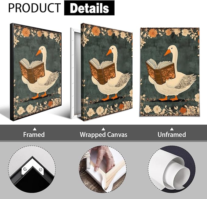 Nursery Animal Canvas Wall Art, Whimsical Goose Reading A Book Poster, Cozy Folk Art Print, Countryside Animal and Botanical Flowers Wall Painting for Kids Reading Corner 8x12in Framed