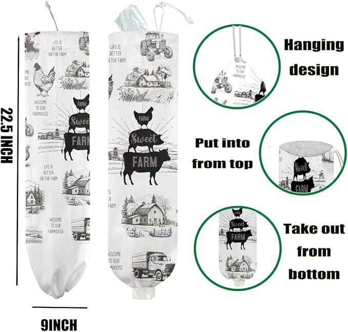 Rustic Sweet Farm Animals Plastic Bag Holder for Kitchen Essentials, Wall Mount Grocery Bag Holder for Plastic Bags, Cow Pig Chicken Reusable Grocery Bags Storage Dispenser for Home Kitchen Farmhouse