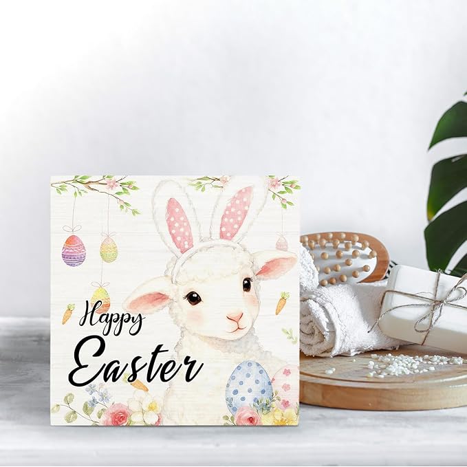 Happy Easter Sheep Wooden Box Sign Desk Decor, Easter Lamb Decor, Spring Floral Egg Sheep Wood Signs for Bedroom Home Office Desk Table Shelf Decorations, 5x5 Inch