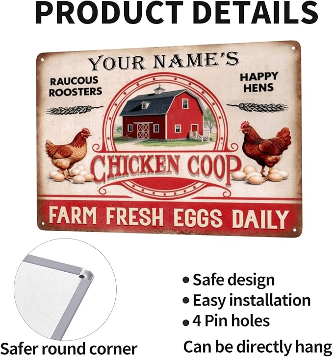 Custom Name Chicken Coop Metal Sign Raucous Roosters Happy Hens Farm Fresh Eggs Daily Vintage Rustic Tin Plaque Wall Art for Backyard Barn Homestead