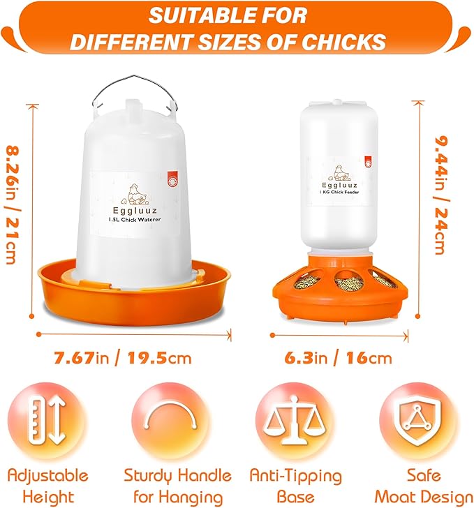 Chick Feeder and Waterer Kit Automatic Chicken Feeder and Waterer Set, 1L Chick Feeder and 1.5L Chick Waterer with 3 Heights Adjustable Legs