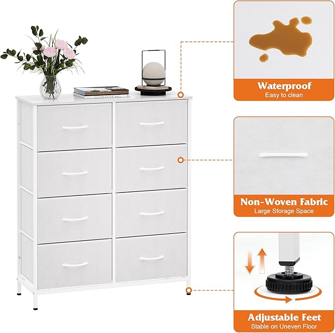 WelFurGeer 8 Drawer Fabric Dresser with Sturdy Metal Frame, Tall Dresser with Fabric Bins, Storage Chest of Drawers for Bedroom, Closet, Kids Room Organization, White