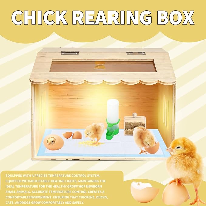 Wooden Chicken Brooder Box Kit with Heating Lamp, Thermometer, Food & Water Feeders, 15.7x11.8x11.8 Inch, Complete Small Pet Nursery Set with Ventilation, Digital Temperature Control