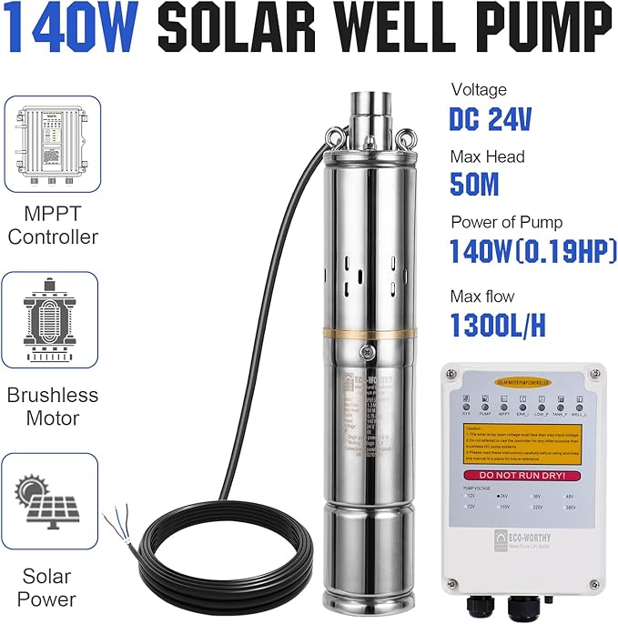 ECO-WORTHY 400W Solar Well Pump Kit, 140W Deep Well Submersible Pump with MPPT Controller Powered by 4pcs 100W Solar Panels for Off-grid Family use, Farm & Ranch, Deep Well