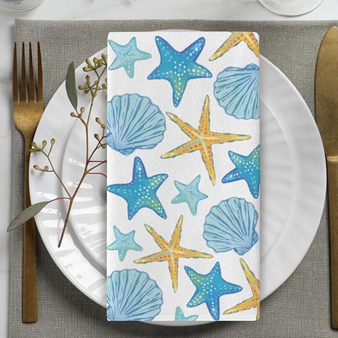 Life is Better at The Beach Kitchen Dish Towels Set of 2, Summer Blue Coastal Starfish Shell Drying Hand Towel Baking Cooking Cloth, Nautical Palm Tree Bathroom Home Decoration 18'' x 26''